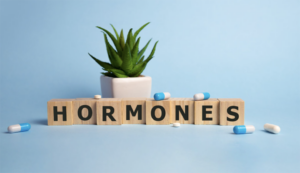 word hormones in blocks with a plant behind it