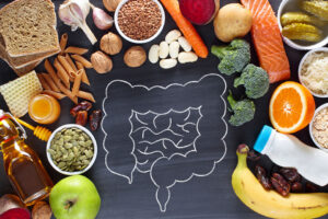 image of a gut surrounded by healthy food