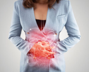 Illustration of internal organs is on the woman's body