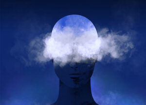 conceptual image of brain fog with clouds over a person's head