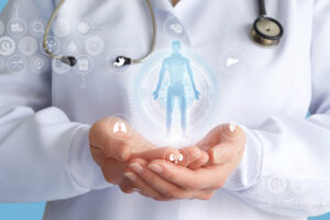 concept of functional medicine approach, doctor with a patient hologram in hands